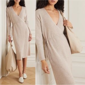 Vince Ribbed Cashmere Wool Knit Wrap Dress in Stone